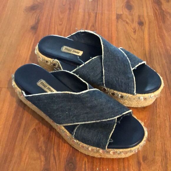 Miu Miu Denim crystal platform espadrilles size 8 - Picture 2 of 7